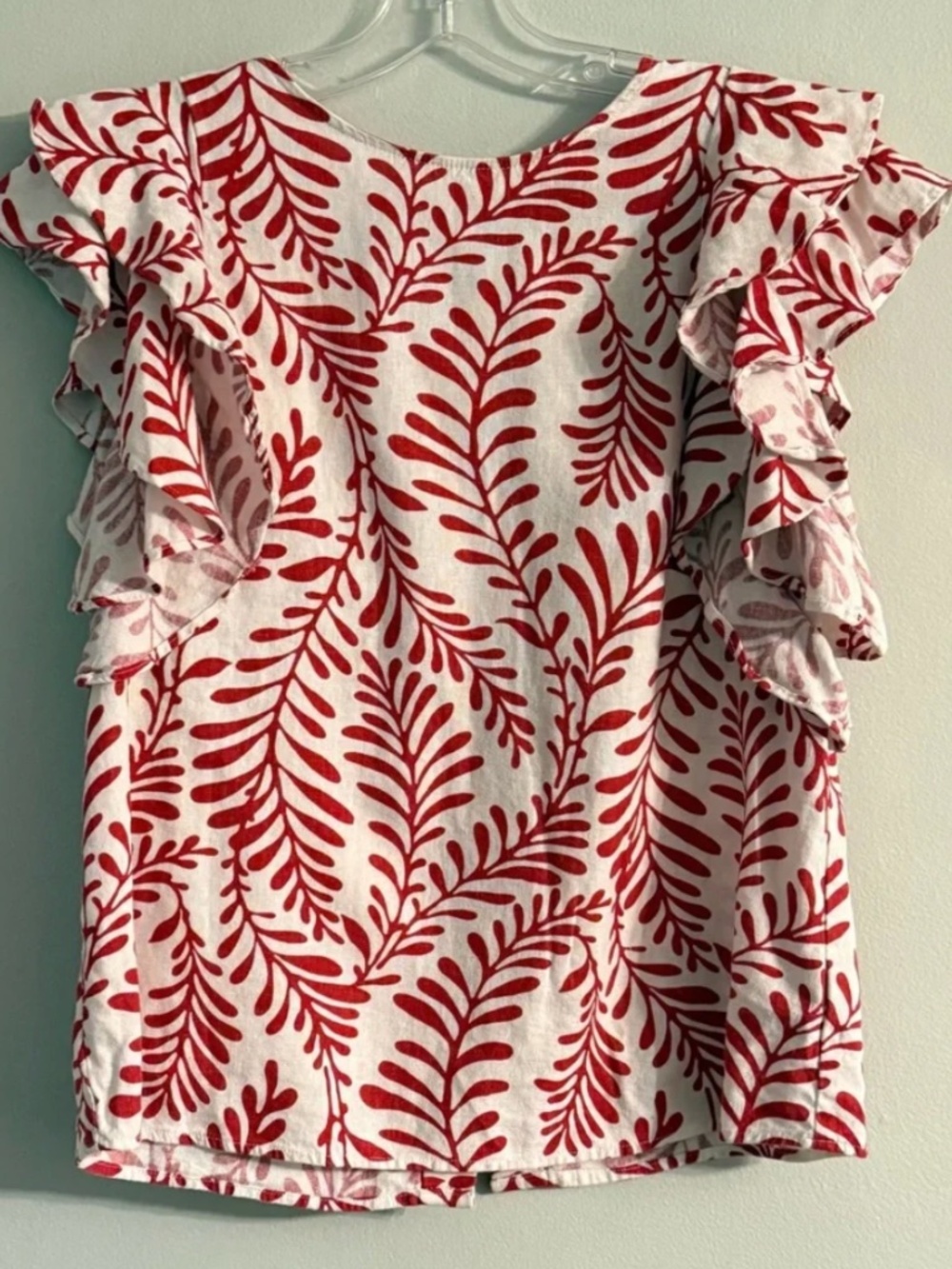 Red and White Ruffle Sleeve Top Womens Size M Linen & Rayon